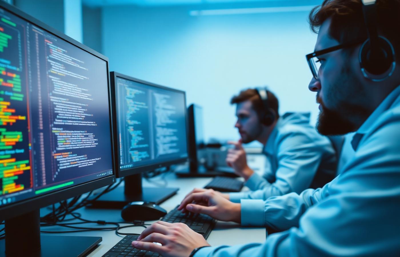 Two software engineers reviewing source code and profiling charts on desktop monitors in a development workspace